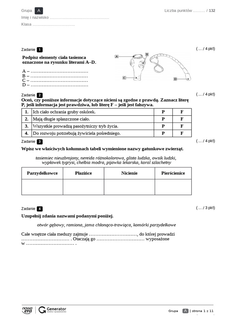 Testy Z Biologi Klasa 6 Biologia Zadania Klasa 6 Pierscienice | PDF