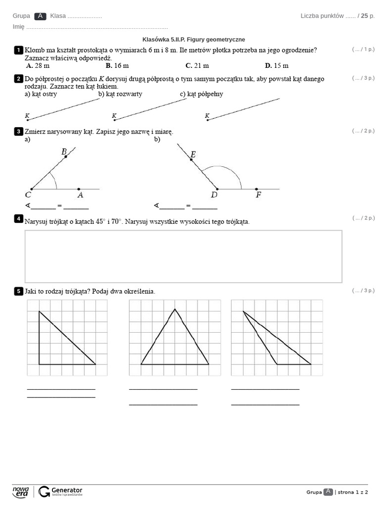 Sprawdzian Klasa 5 Figury Na Płaszczyźnie Klasówka 5.II.P. Figury Geometryczne Test (Z Widoczną Punktacją) | PDF