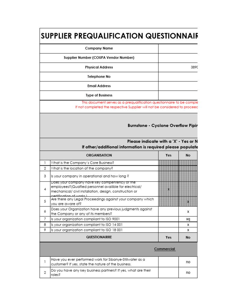 Supplier Prequalification Questionnaire | PDF | Quality Management ...