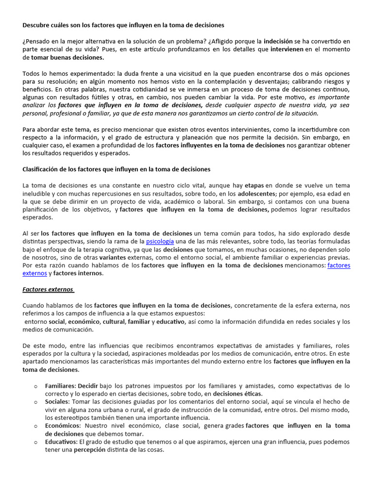 Factores que influyen en decisiones | PDF | Toma de decisiones ...