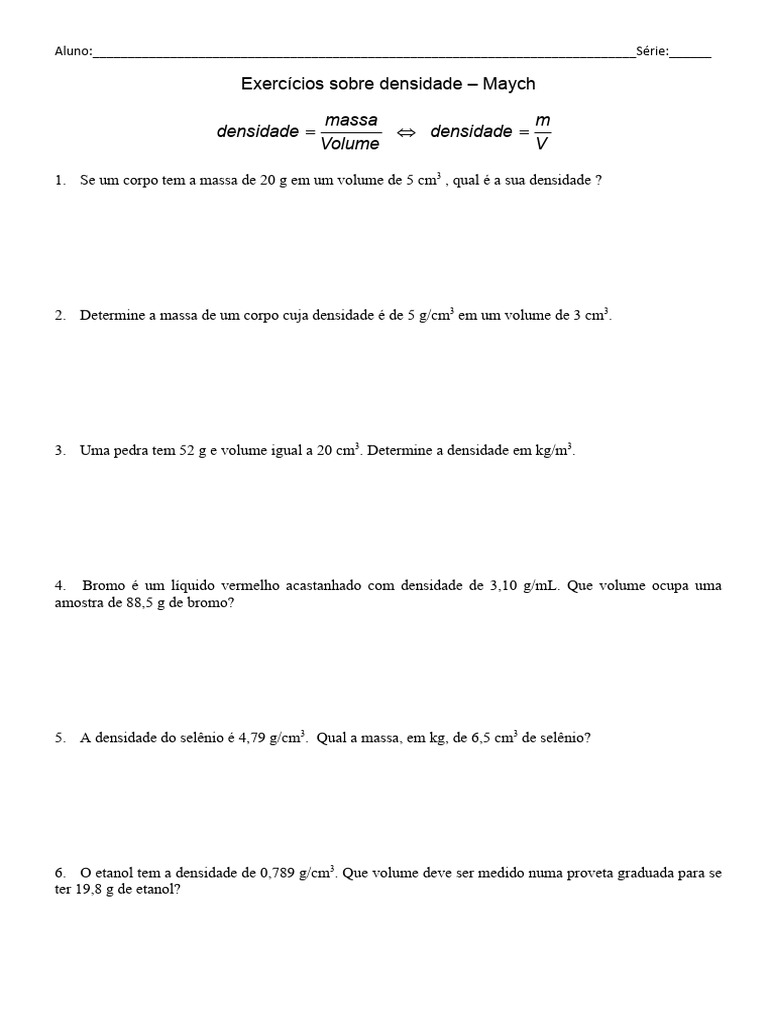 Lista de Exercícios Sobre Densidade para 9 Ano | PDF | Densidade ...