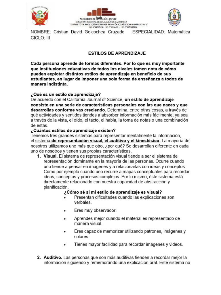 Estilos de Aprendizaje | PDF | Aprendizaje | Aprendiendo estilos
