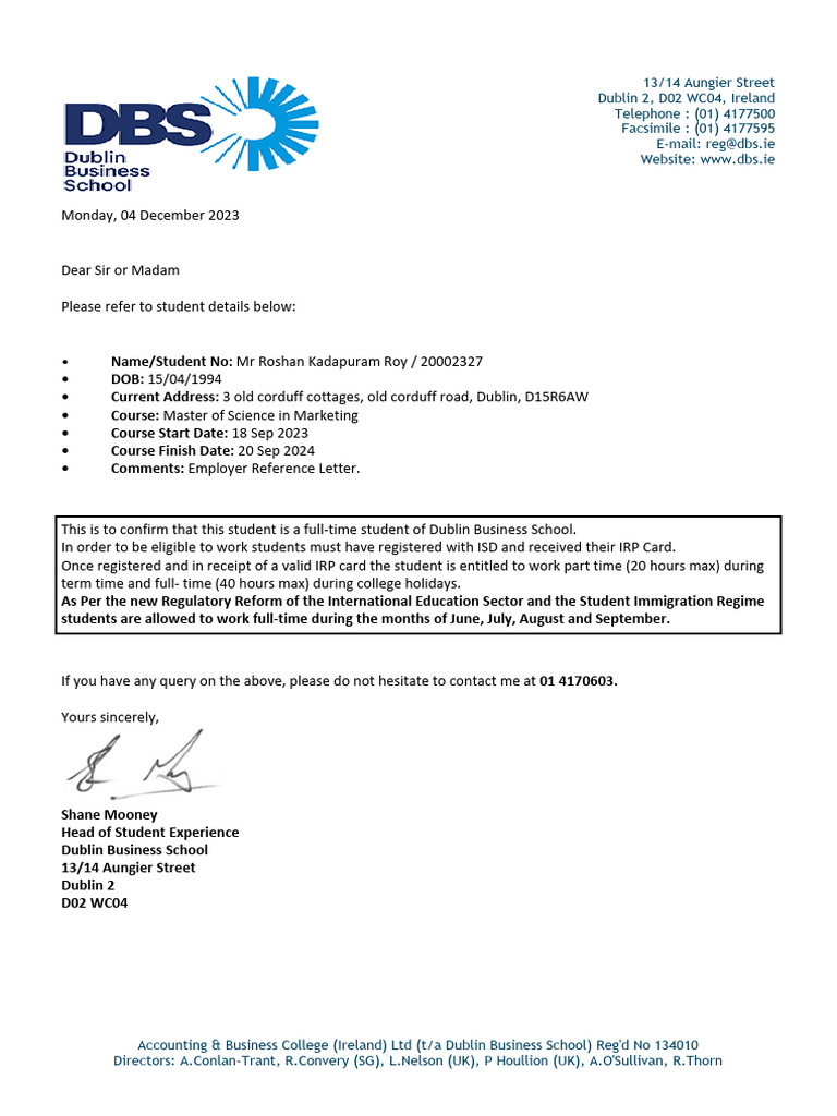 DBS Student Confirmation Letter | PDF