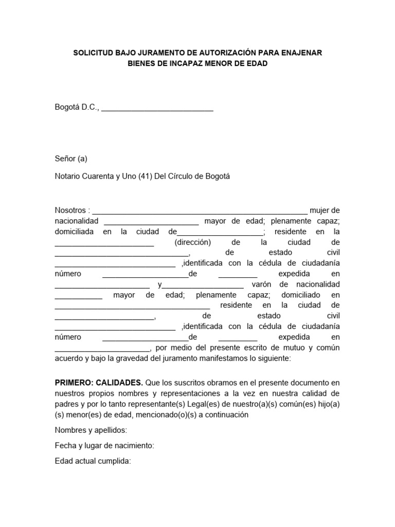 Solicitud Bajo Juramento de Autorización Para Enajenar Bienes de ...