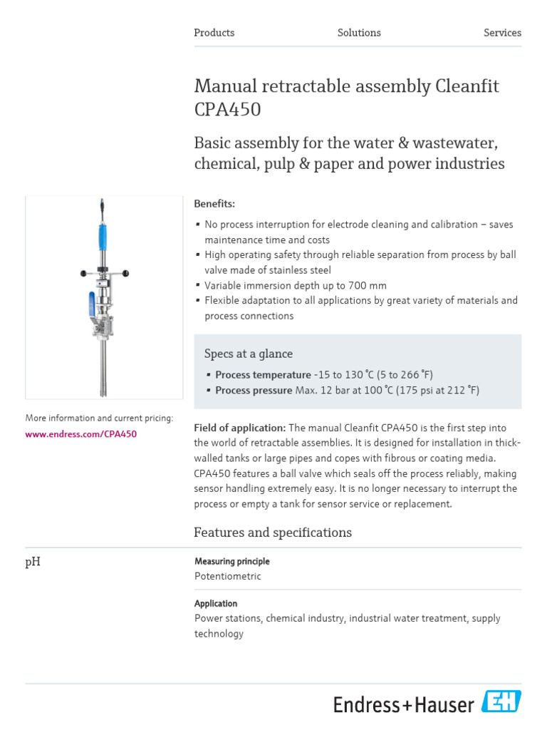 Endress-Hauser Cleanfit CPA450 EN | PDF | Pipe (Fluid Conveyance) | Valve