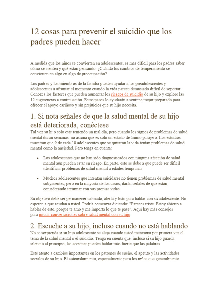 12 Cosas para Prevenir El Suicidio Que Los Padres Pueden Hacer | PDF ...