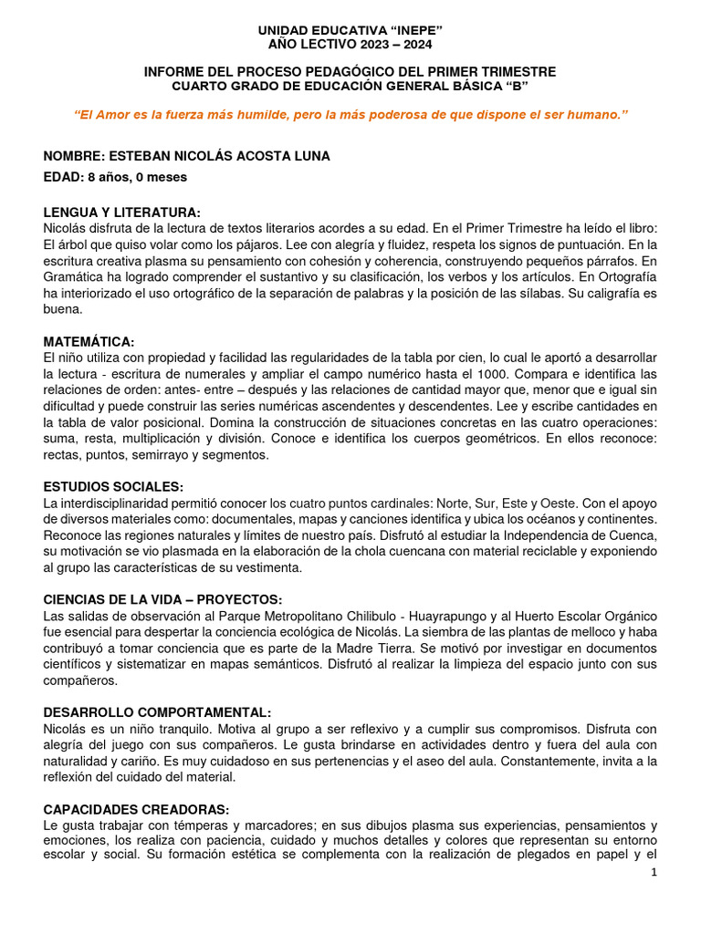 Informe Pedagógico Primer Trimestre 2023 | PDF | Bailes | Aprendizaje