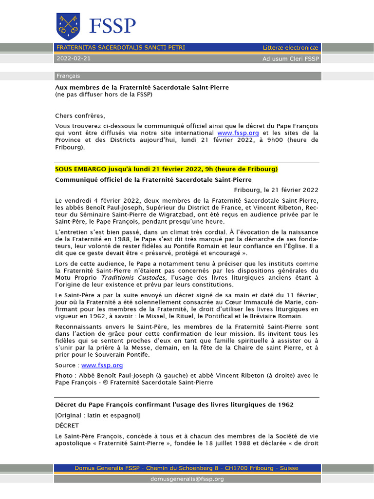 Décret du Pape sur la FSSP 2022 | PDF | Liturgie catholique | Branches ...