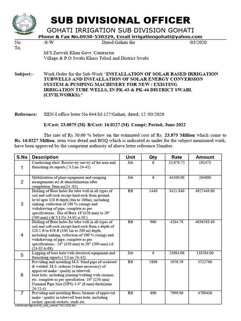 Solar Irrigation Tubewell Installation Order | PDF | Pipe (Fluid ...