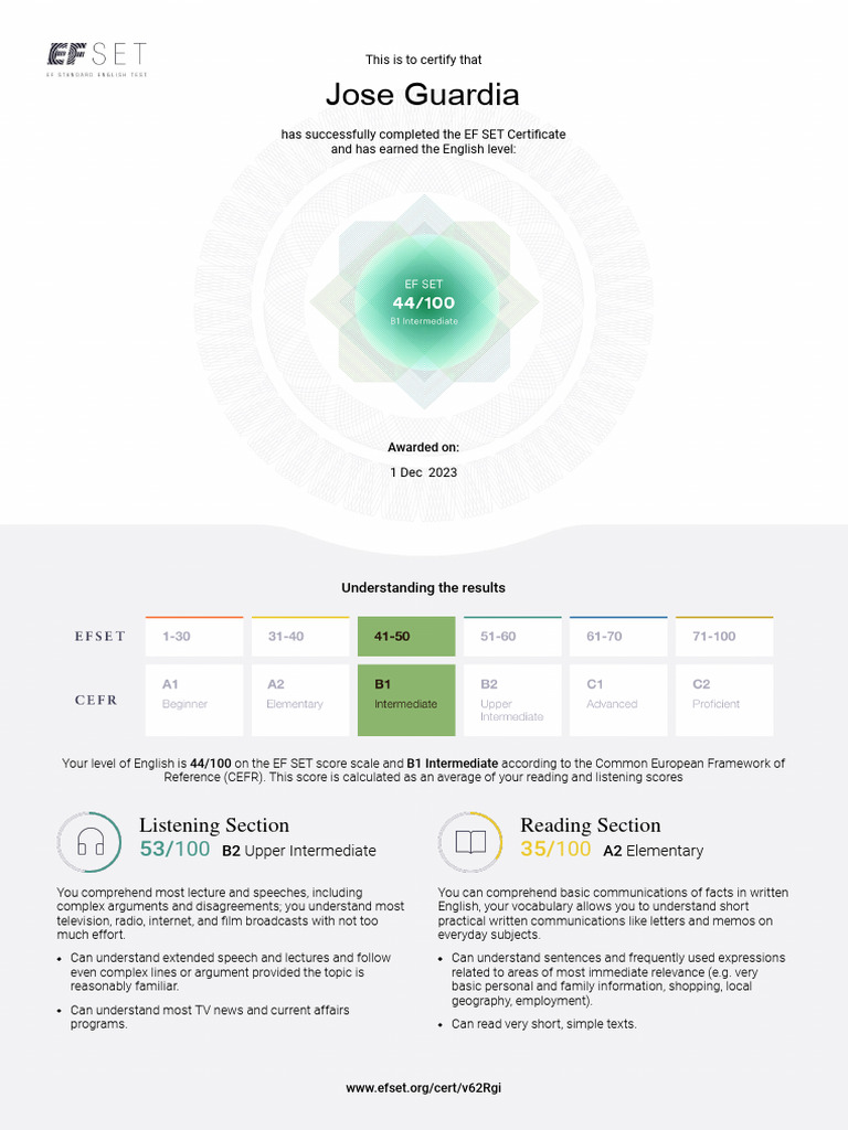 Jose Guardia's EF SET Certificate | PDF