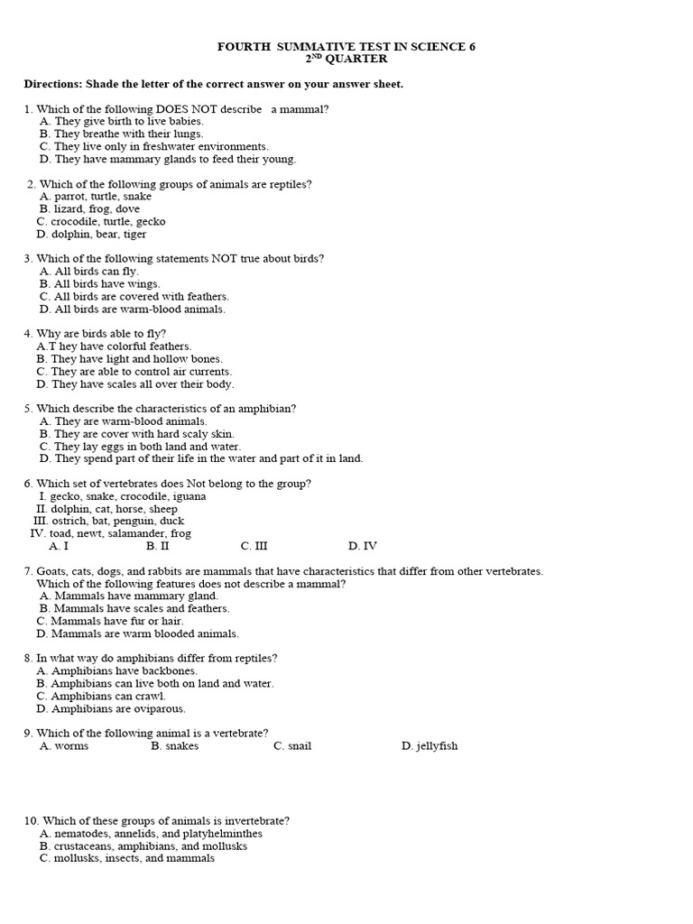 4th Summative Test In Science 2nd Quarter Pdf Invertebrate