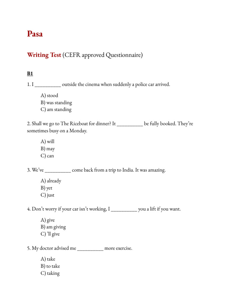 B1 English Writing Test Questionnaire | PDF