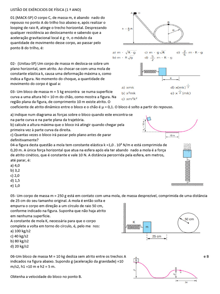 Listão de Exércicios de Física 1 Ano | PDF | Massa | Atrito