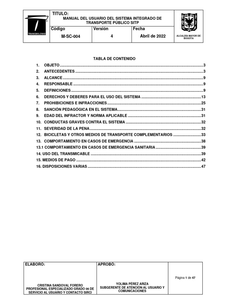 Manual de usuario de transmilenio 2022 versi n 4 pdf bogot 