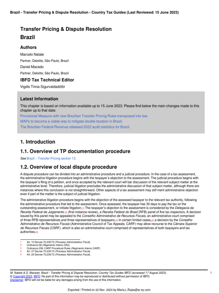 Brazil Transfer Pricing Dispute Resolution IBFD PDF Taxes