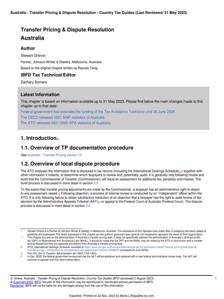 Australia Transfer Pricing Dispute Resolution IBFD PDF Taxes