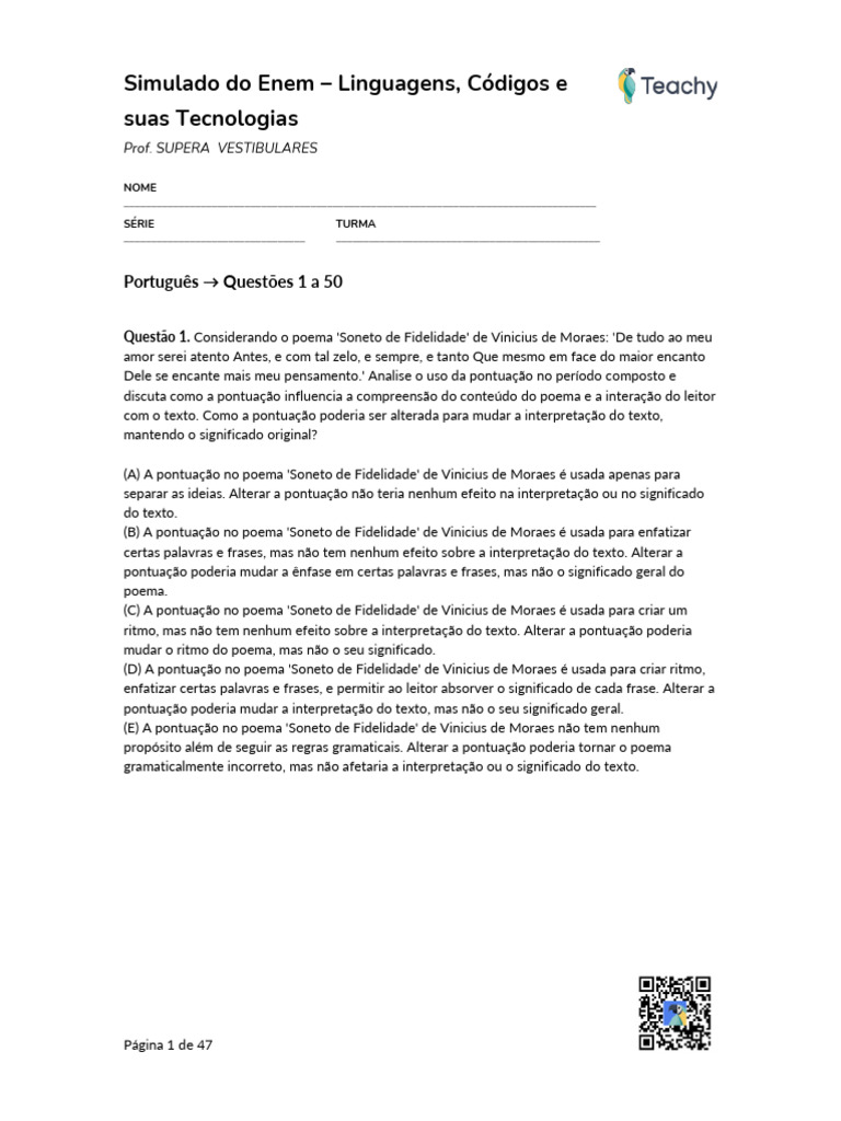 Simulado Do Enem - Linguagens, Códigos e Suas Tecnologias | PDF ...