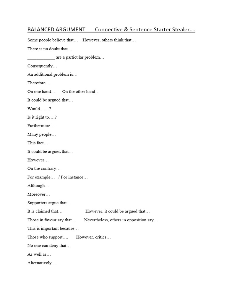 Sentence Starters for Balanced Arguments | PDF