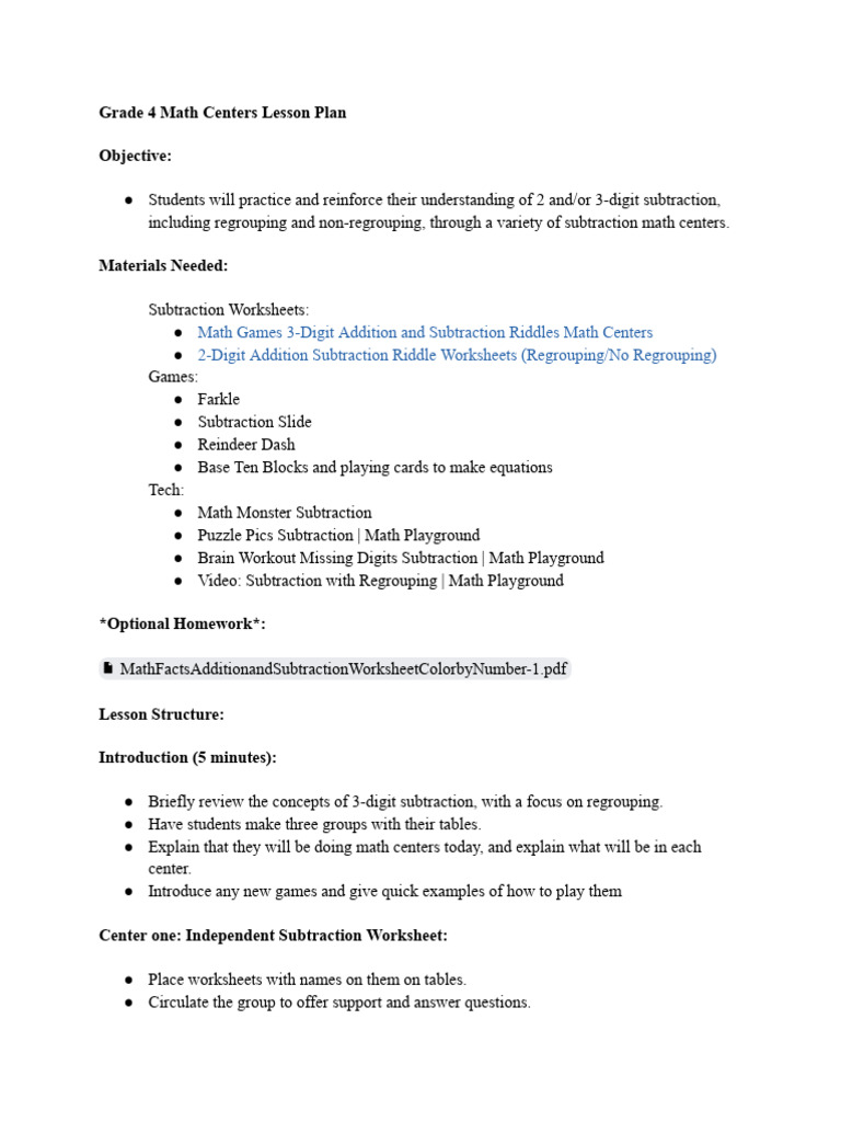 Grade 4 Subtraction Math Centers Plan | PDF | Worksheet | Mathematics