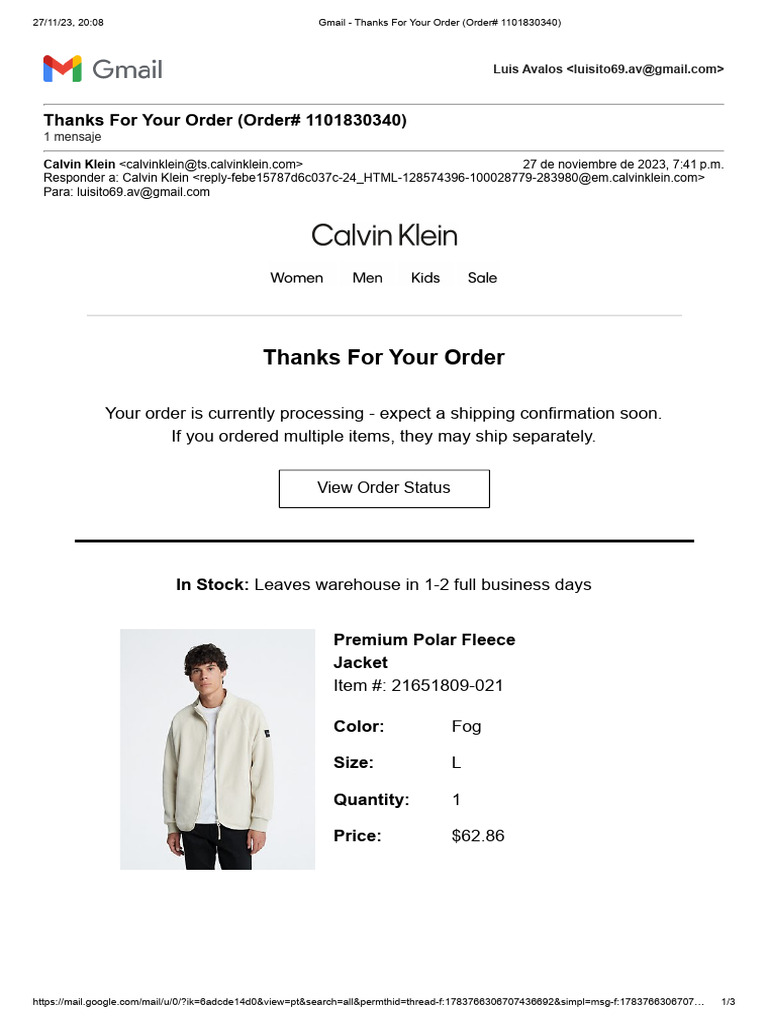 Gmail - Thanks For Your Order (Order# 1101830340) | PDF | Receipt ...