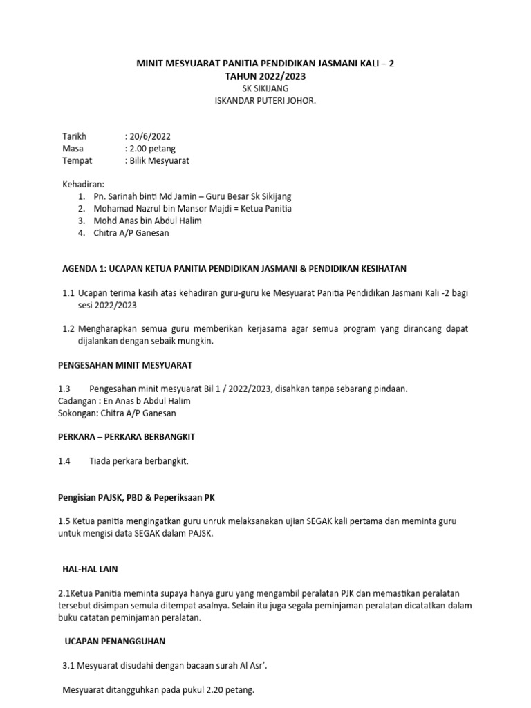 Minit Mesyuarat PJ 2 | PDF