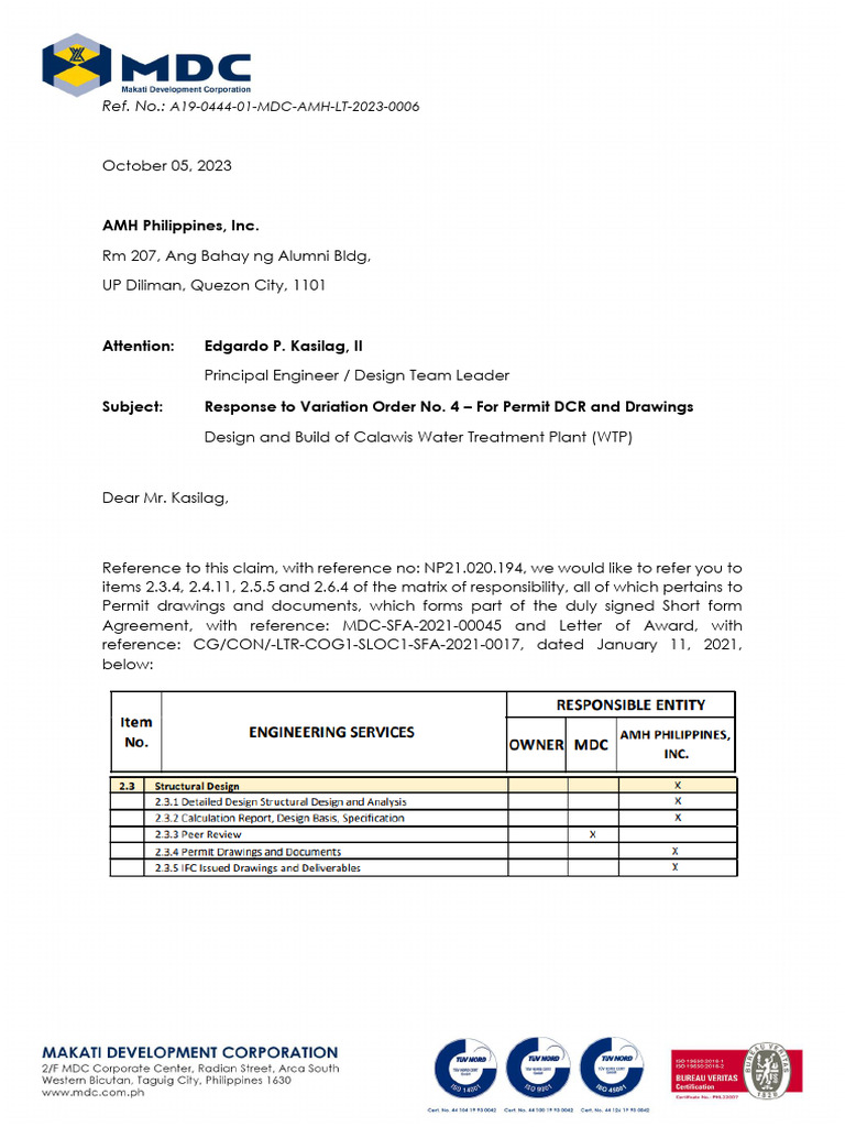 A19-0444-01-MDC-AMH-LT-2023-0006 Response To Variation Order No. 4 ...
