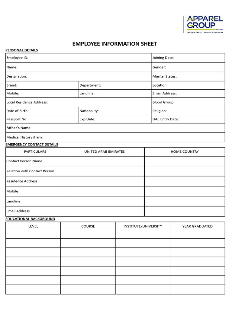 Employee Information Sheet Template | PDF | United Arab Emirates