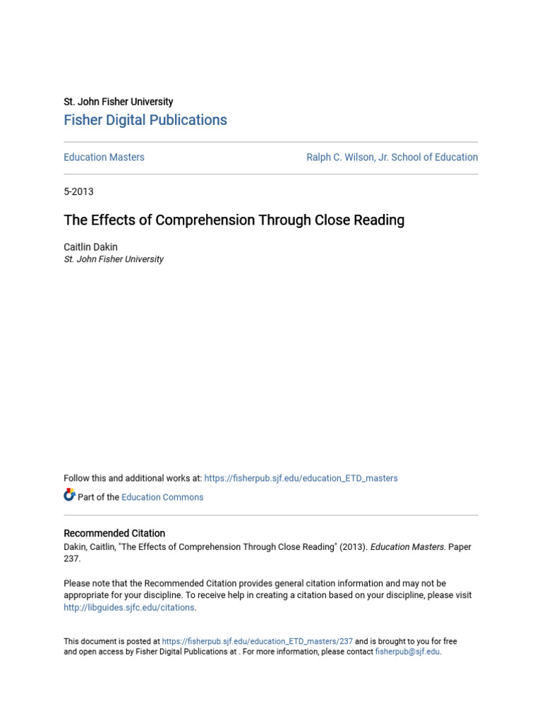 The Effects Of Comprehension Through Close Reading Pdf Reading