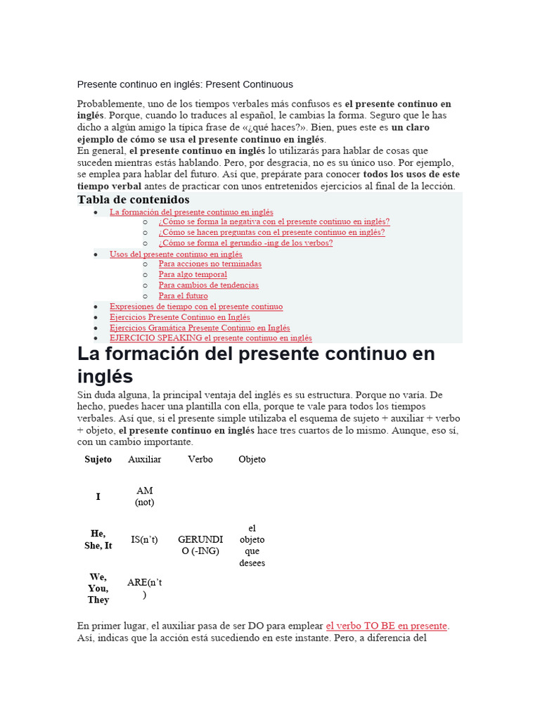 Usos y formación del presente continuo | PDF | Idioma en Inglés | Verbo