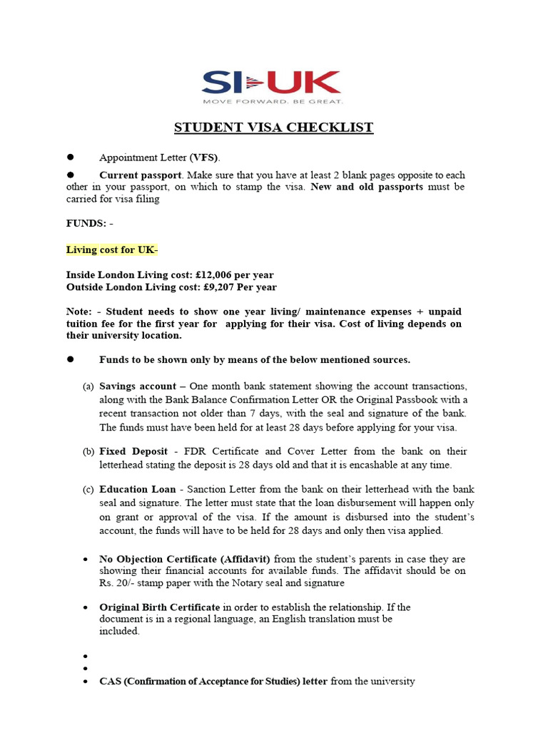 Uk Student Visa Checklist | PDF | Cost Of Living | Visa Inc.