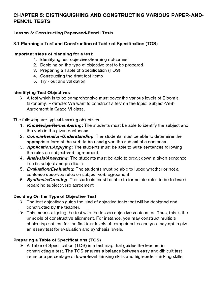 Lesson 3 Constructing Paper Pencil Test | PDF | Multiple Choice | Essays