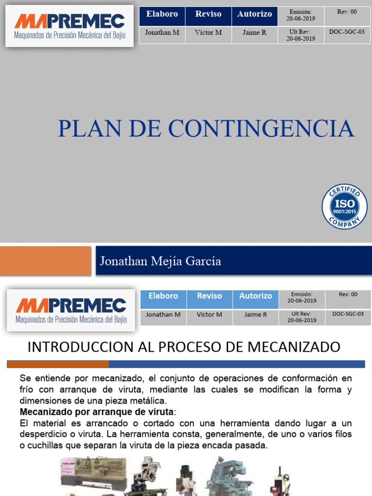 Plan de Contingencia para Mecanizado | PDF | Mecanizado