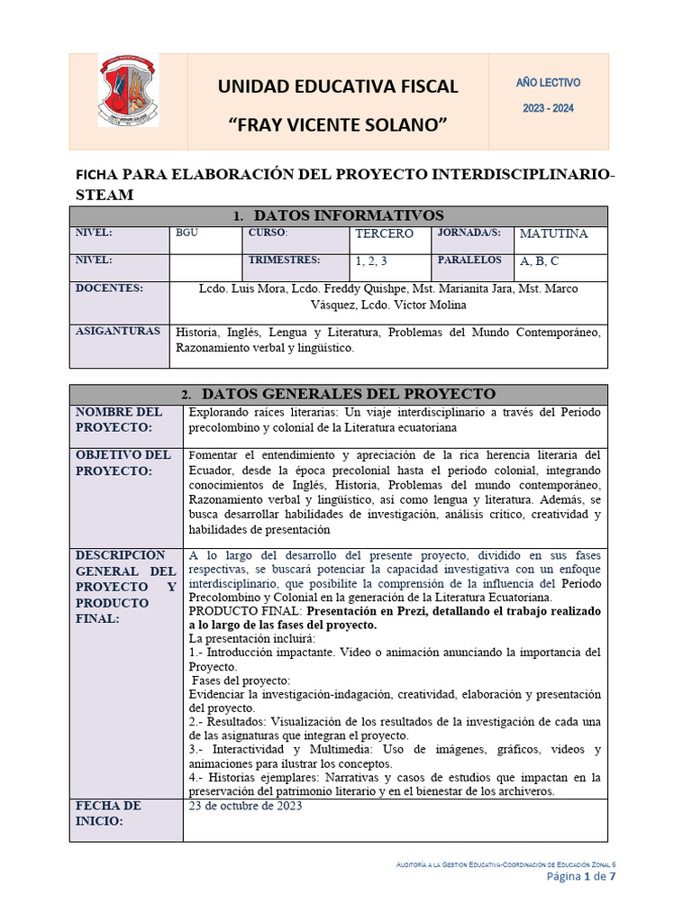 Proyecto Interdisciplinario de Literatura Ecuatoriana | PDF | Ecuador |  Ensayos