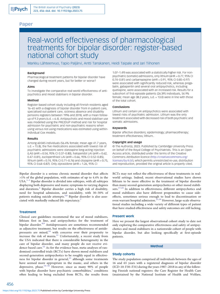 Realworld Effectiveness of Pharmacological Treatments For Bipolar ...