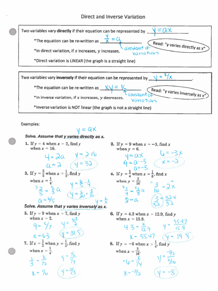 Direct and Inverse Packet Answer Key | PDF