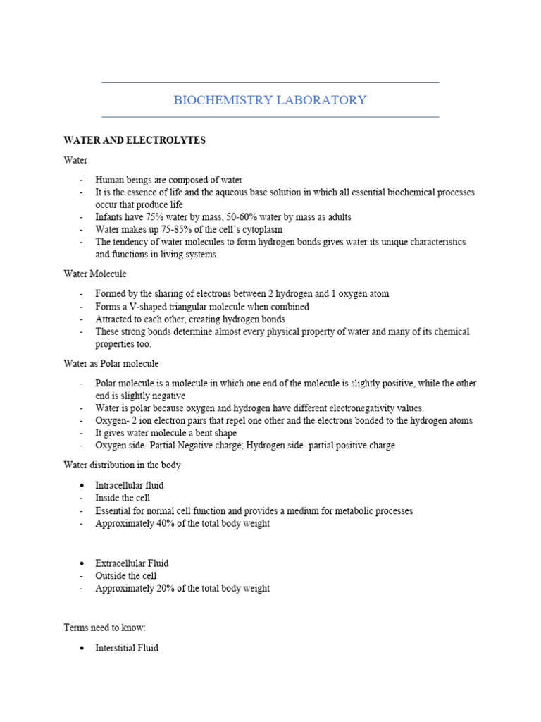 Biochemistry Laboratory Water and Electrolytes | PDF | Water ...