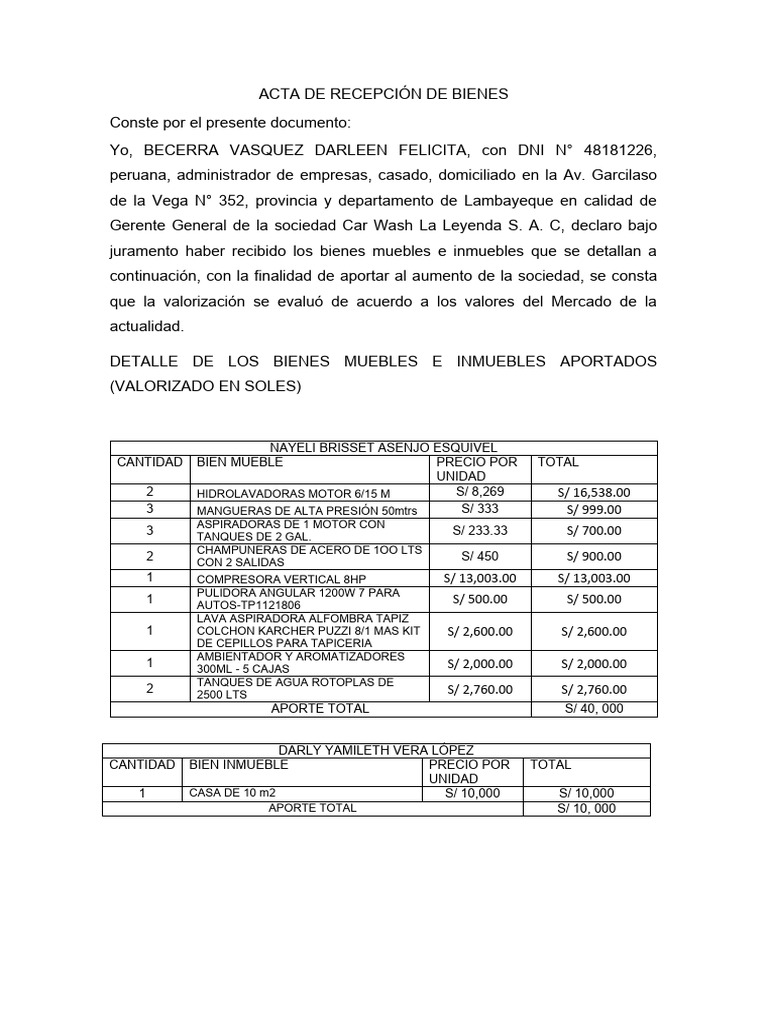 Acta de Recepción de Bienes 2023 | PDF