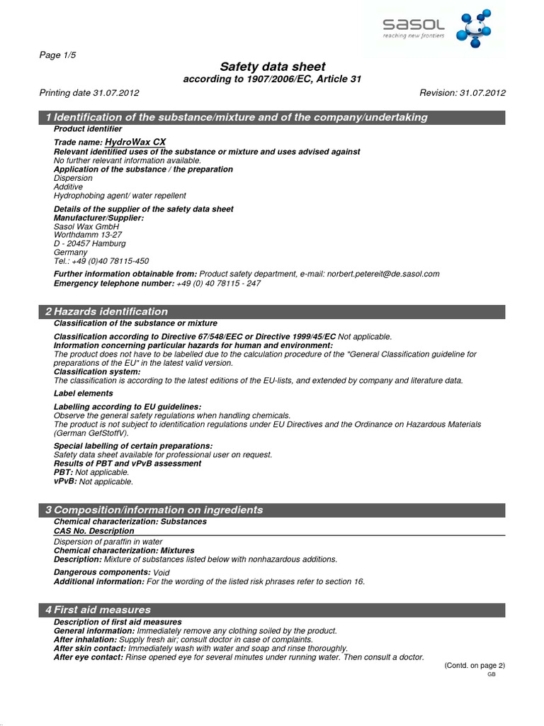 Hydro WAX CX MSDS PDF Dangerous Goods Physical Sciences