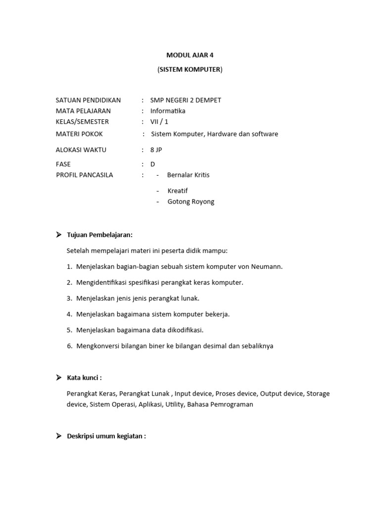Modul Ajar Sistem Komputer Kelas 7 | PDF | Komputer | Teknologi & Rekayasa