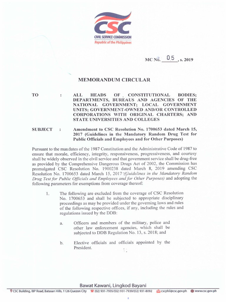CSC MC No. 5, S. 2019 Amendment To CSC Resolution No. 1700653 Dated