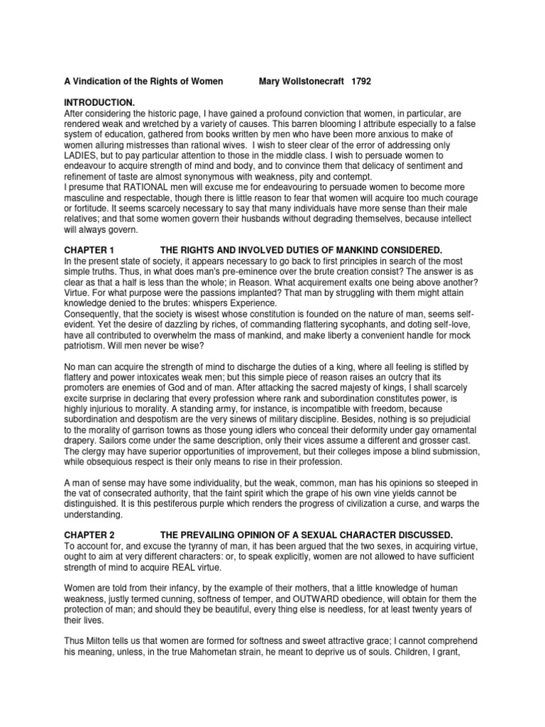Mary Wollstonecraft 1 PDF Reason A Vindication Of The Rights Of Woman