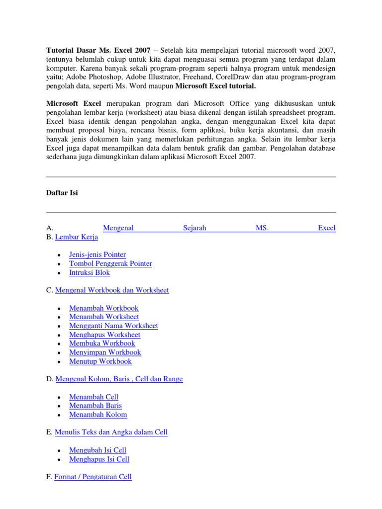Tutorial Lengkap Microsoft Excel 2007 | PDF