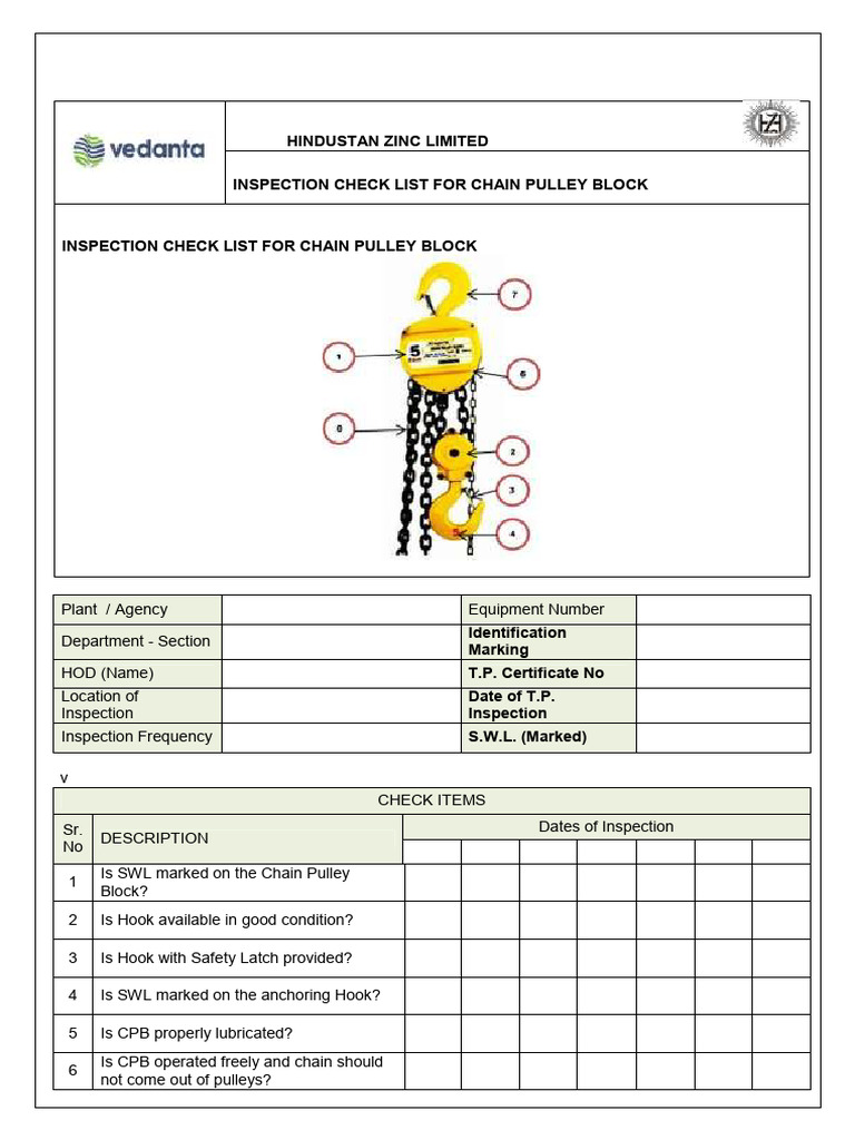 Chain Pulley Block Inspection Checklist PDF
