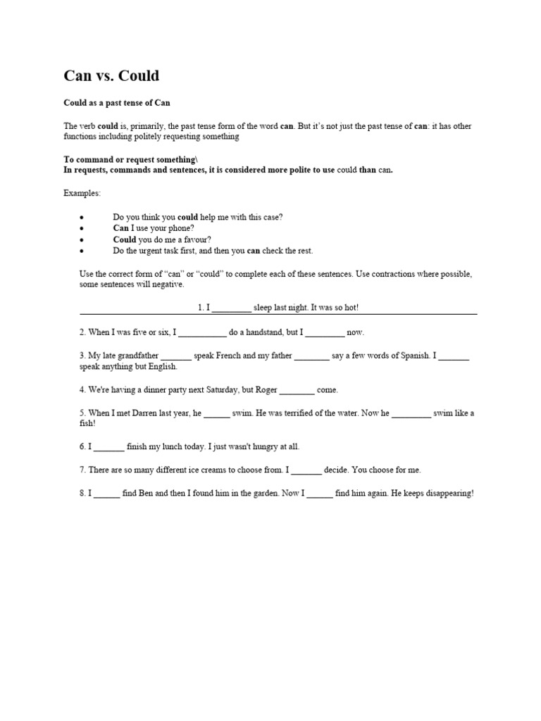 Can Vs Could Worksheet | PDF