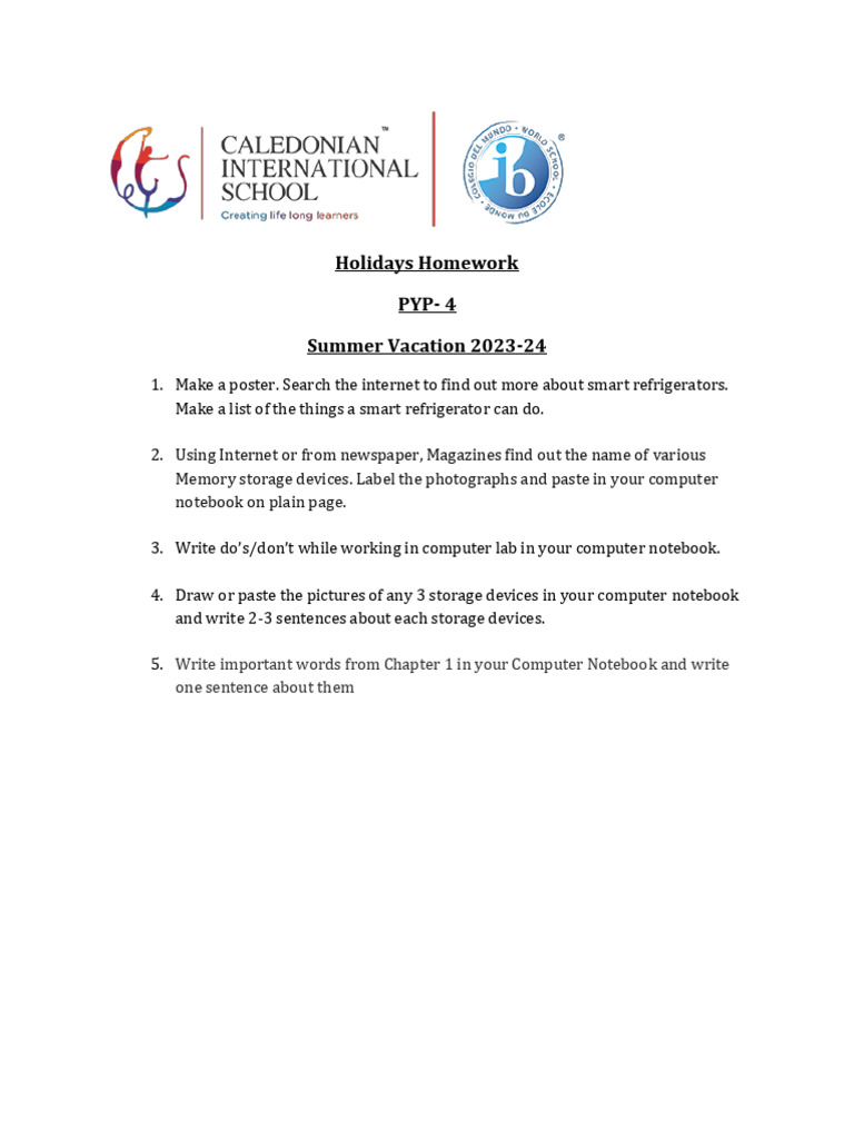 Holidays Homework Pyp 4 | PDF | Computers | Technology & Engineering