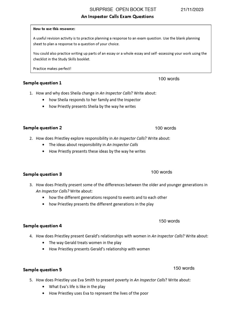An Inspector Calls Sample Exam Questions | PDF | Psychology