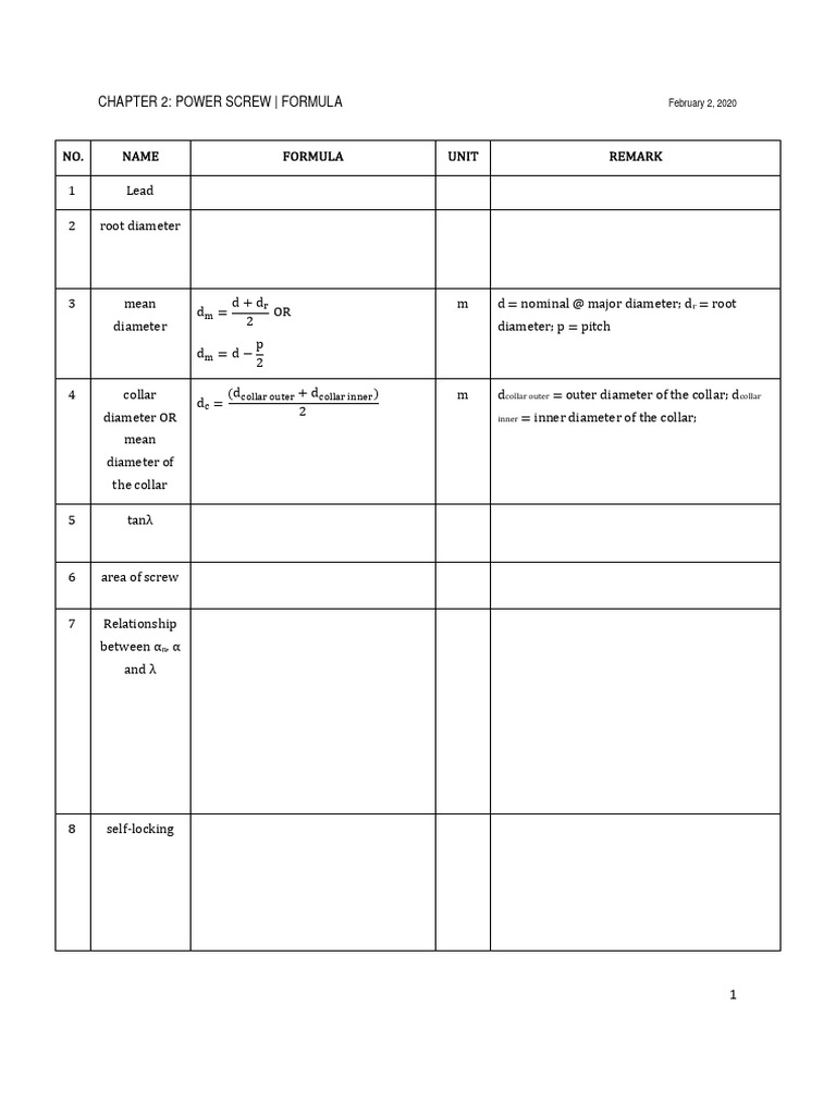 Power Screw Formulas and Calculations | PDF | Screw | Tools