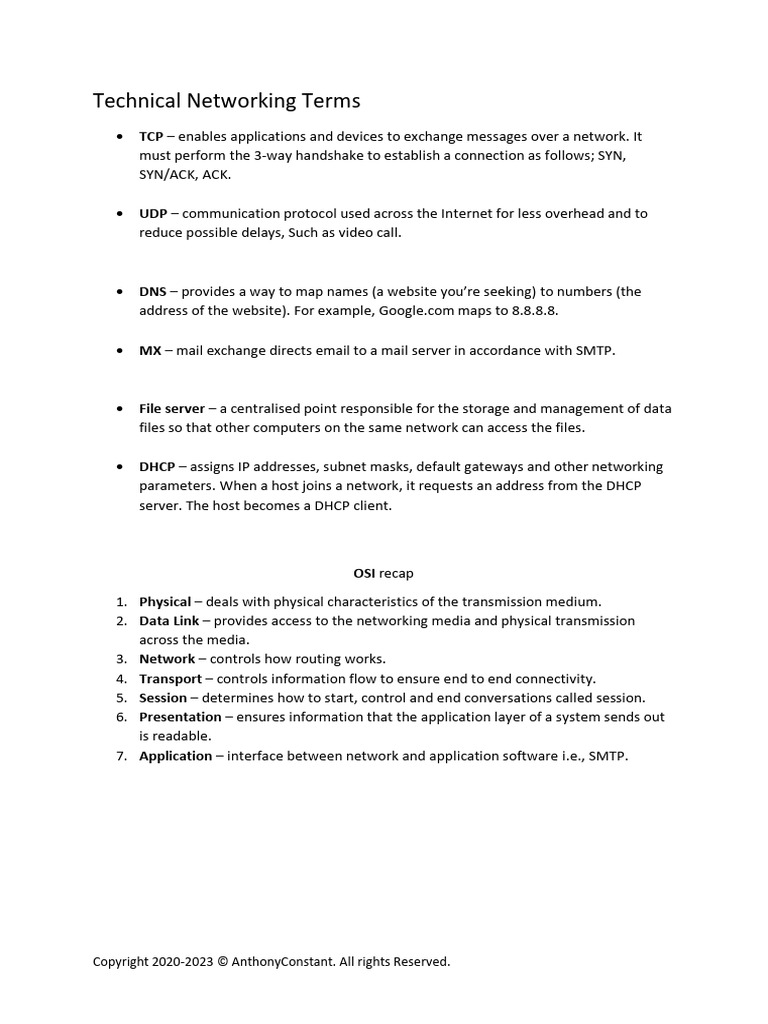 Technical Networking Terms PDF