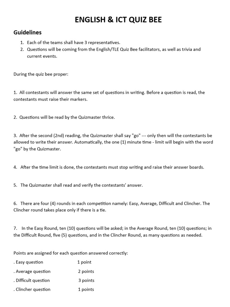 English & ICT Quiz Bee Guidelines | PDF | Sports & Recreation ...