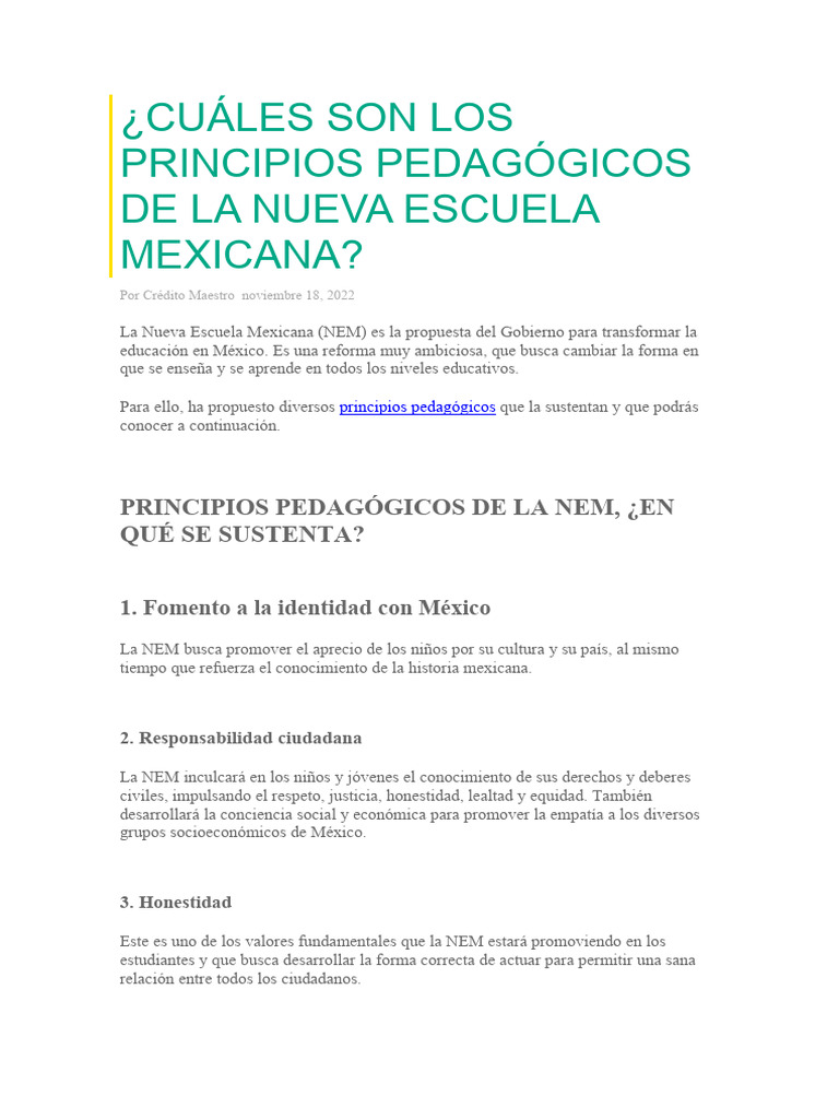 Cuáles Son Los Principios Pedagógicos de La Nueva Escuela Mexicana ...
